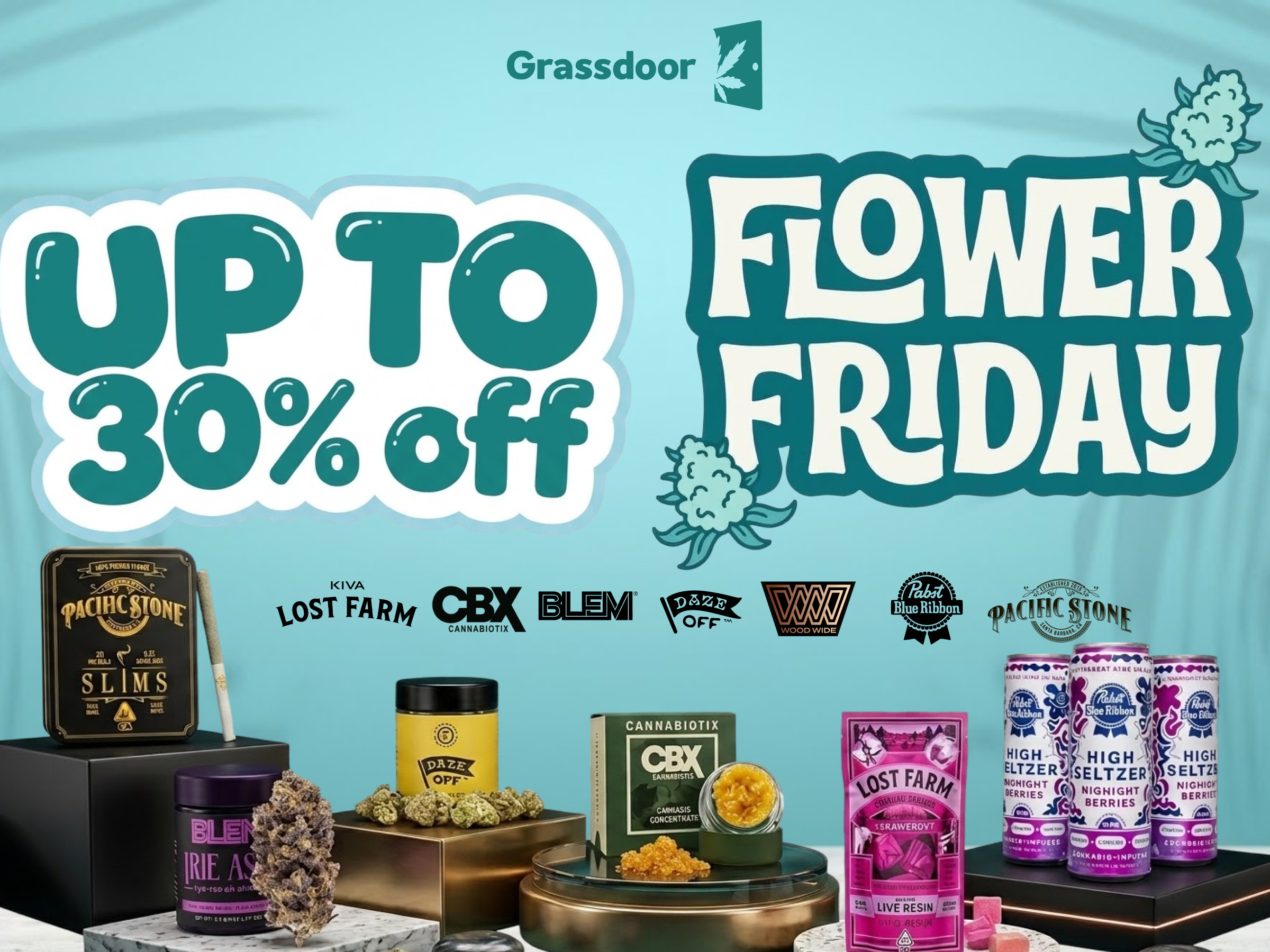 Grassdoor Flower Friday promotional banner offering up to 30% off cannabis edibles and products.